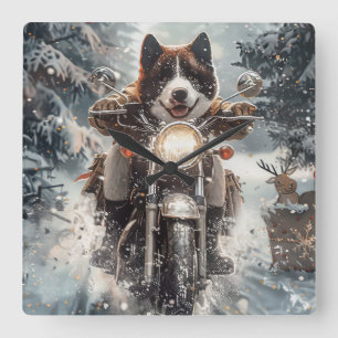 Relógio Quadrado American Akita Cão Andando de Motocicleta Natal 