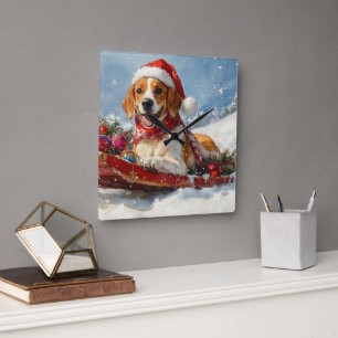 Relógio Quadrado American English Foxhound no trenó de Natal