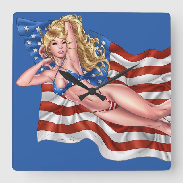 Relógio Quadrado American Flag Bikini Pinup Girl by Al Rio (Frente)