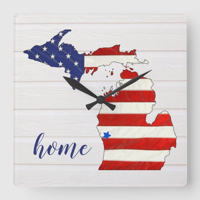Relógio Quadrado American Flag Michigan Square Wall Clock (Frente)