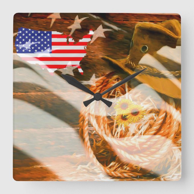 Relógio Quadrado American Flag Sunrays Cowboy Hat Lasso (Frente)
