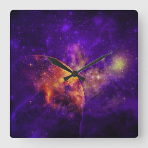 Relógio Quadrado Ametist Sky, Planeta Ouro na Parede Nebula