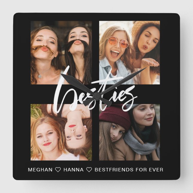 Relógio Quadrado Amigos da Colagem de Fotos Negra Moderna melhores  (Frente)