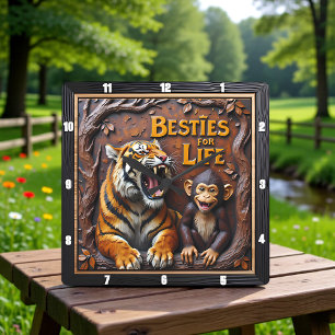 Relógio Quadrado Amigos do Macaco Tigre na Árvore