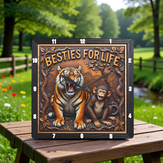 Relógio Quadrado Amigos Macaco Tigre Selva (Criador carregado)