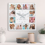 Relógio Quadrado Amizade de Prata Branca de Colagem de Fotos Person<br><div class="desc">Torne esta moda elegante parede de colagem branca e prata única com 12 das suas fotos favoritas com o(s) seu(s) melhor(s) amigo(s). O design também apresenta o moderno script "Besties" escrito à mão e seus nomes.</div>