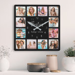 Relógio Quadrado Amizade de Prata Preta de Colagem de Fotos Persona<br><div class="desc">Torne esta moda elegante parede de colagem preto e prata com fotos única com 12 das suas fotos favoritas com o(s) seu(s) melhor(s) amigo(s). O design também apresenta o moderno script "Besties" escrito à mão e seus nomes.</div>