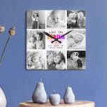 Relógio Quadrado Amo-Te Nana Colorful Bold Modern 8 Photo Collage<br><div class="desc">"Amo-te, Nana." Ela está amando a cada minuto com seus netos. Uma na moda visual divertida, caprichosa, de um arco-íris colorido e colorida tipografia ousada e escrita à mão preta sobrepõe um coração macio, rosa claro e um fundo branco. Adicione 8 fotos acalentadas de sua escolha e personalize os nomes...</div>