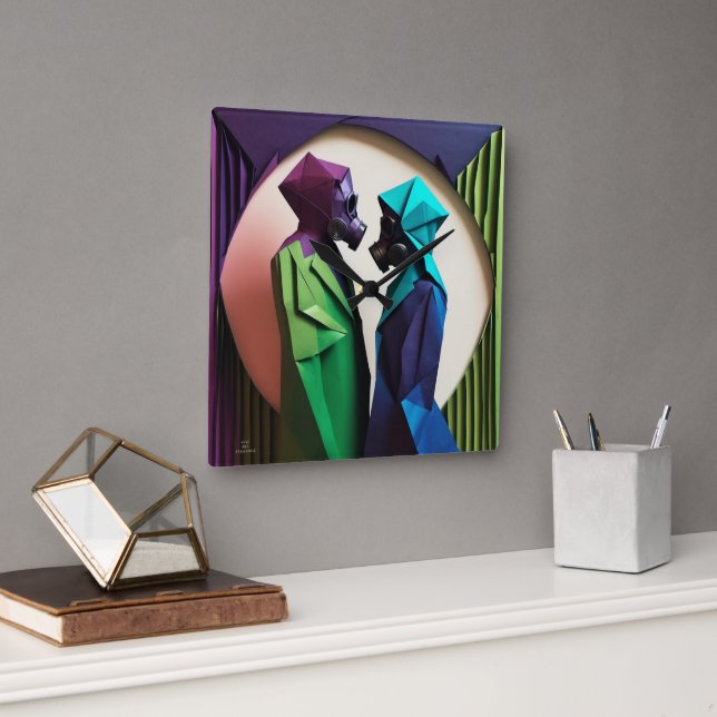 Relógio Quadrado AMOR E RESISTÊNCIA Origami Vibrante (Escritório)