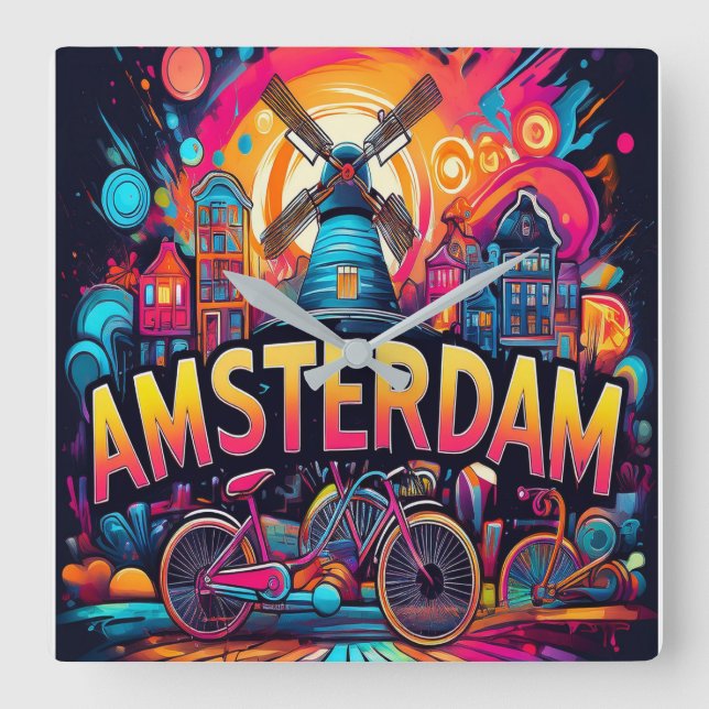 Relógio Quadrado Amsterdã - cidade das bicicletas (Frente)