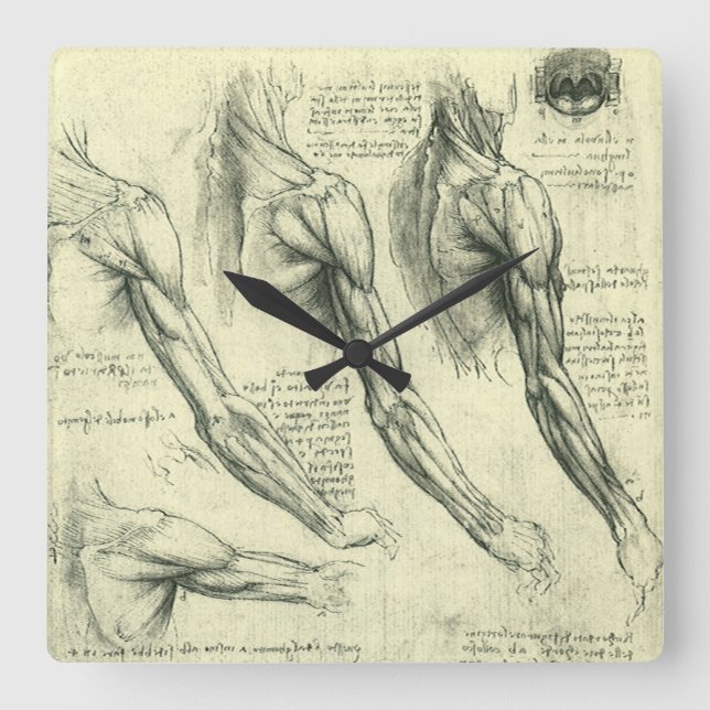 Relógio Quadrado Anatomia do Braço e Ombro de Leonardo da Vinci (Frente)