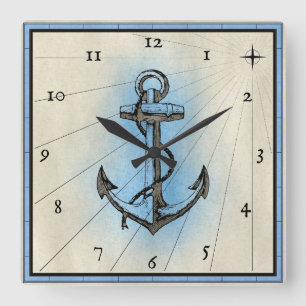 Relógio Quadrado Anchor and Rope with a Map Design, Nautical