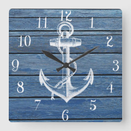 Relógio Quadrado Anchor Branco E Madeira Azul Vintage
