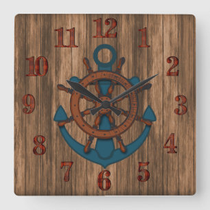 Relógio Quadrado Âncora Náutica da Madeira envelhecida