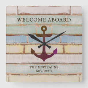 Relógio Quadrado Ancoradouro Náutico Madeira Bem-vinda a bordo Nom
