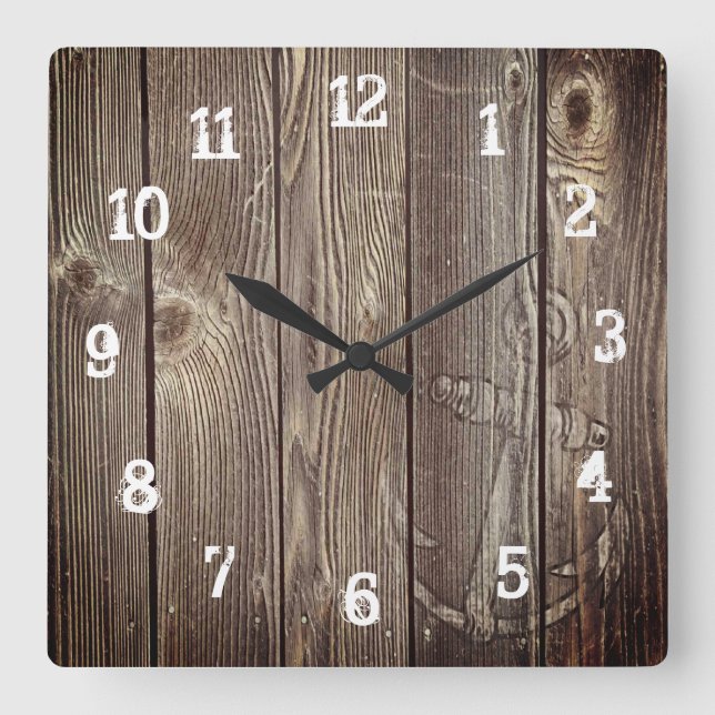 Relógio Quadrado Ancoragem Náutica Da Madeira Antiga Rústica (Frente)