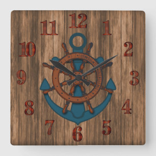 Relógio Quadrado Ancoragem Náutica da Madeira Envelhecida
