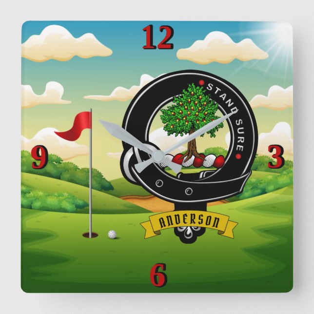 Relógio Quadrado Anderson Clan Crachá Golf Square Wall Clock (Frente)