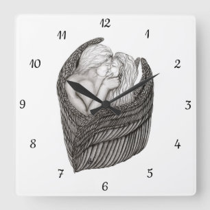 Relógio Quadrado Angels Kissing, Design preto e branco