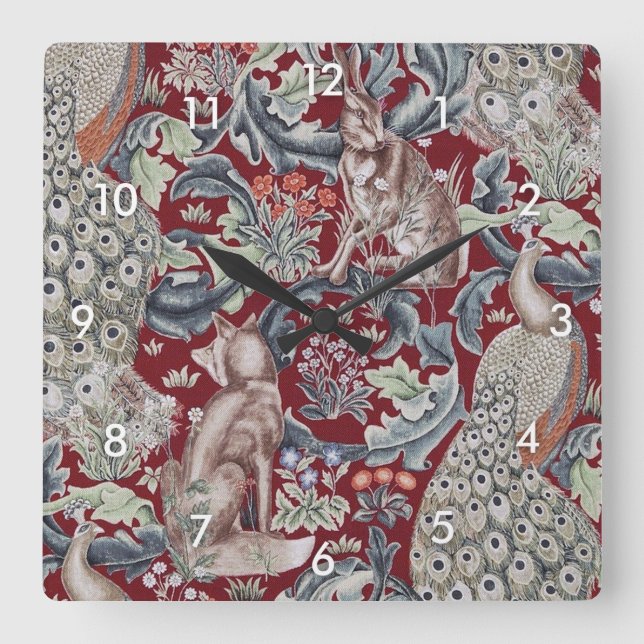 Relógio Quadrado Animais Florestais, William Morris (Frente)