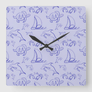 Relógio Quadrado Animais marinhos e padrão de desenho de uma linha 