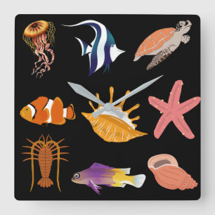 Relógio Quadrado Animais marinhos: peixe, tartaruga, concha, medusa