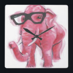 Relógio Quadrado Animal| Elefante Rosa Em Óculos<br><div class="desc">Este impressão apresenta um elefante rosa em óculos de leitura| Por Jennifer Rutledge</div>