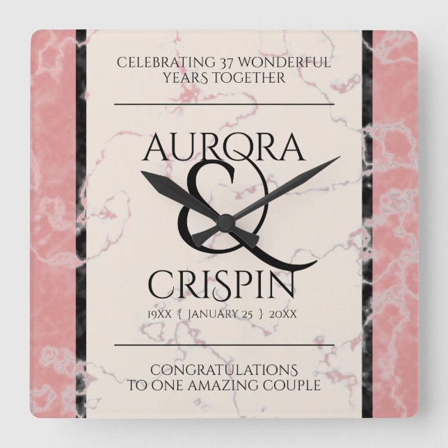 Relógio Quadrado Aniversário Casado Elegante 37.º Alabastro (Frente)