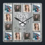 Relógio Quadrado Aniversário da Colagem de Fotos 12 Cinzas Rustic W<br><div class="desc">Relógio personalizado de colagem de fotos com a citação do amor - "É assim que o amor se parece". Faz um presente único para aniversário de casamento,  dia de os namorados e feriados.</div>