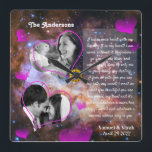 Relógio Quadrado Aniversário da Colagem de Fotos Personalizada, Cas<br><div class="desc">Relógio de Muro: Casamento Personalizado, Aniversário, Dias de os namorados Foto Relógio com estrelas do Desenho Galáxico. Personalize com suas próprias fotos favoritas e crie uma bela colagem para capturar momentos especiais de sua vida. Mude qualquer texto para o seu, incluindo o poema. Fundo da galáxia do telescópio Hubble -...</div>