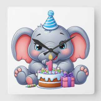 Relógio Quadrado Aniversário de 1 ano do Elefante Bebê