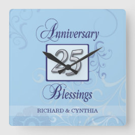 Relógio Quadrado Aniversário de 25 em Azul e Prata