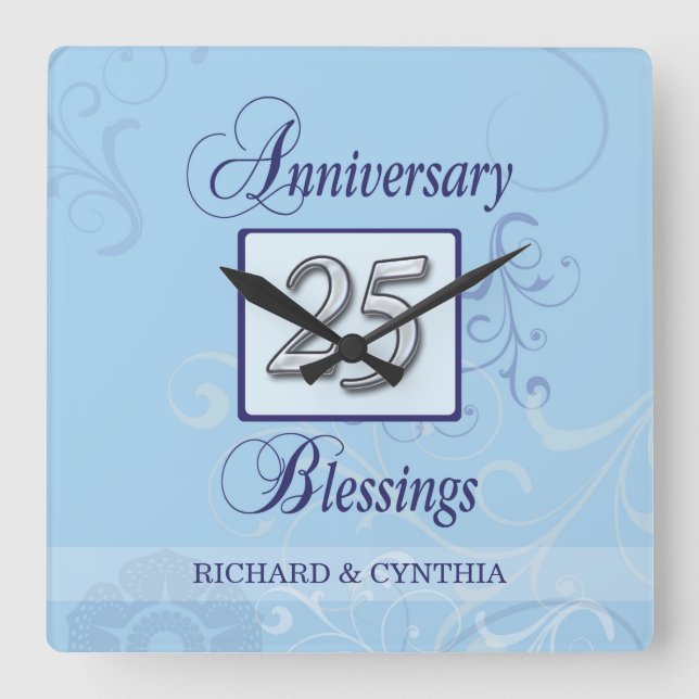 Relógio Quadrado Aniversário de 25 em Azul e Prata (Frente)