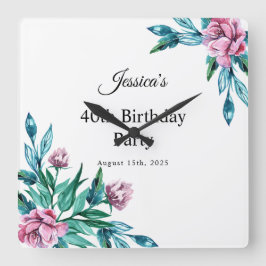 Relógio Quadrado Aniversário de 40 anos Floral Romântico Feminina