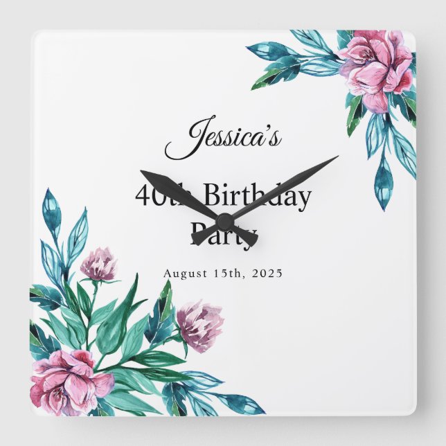 Relógio Quadrado Aniversário de 40 anos Floral Romântico Feminina (Frente)