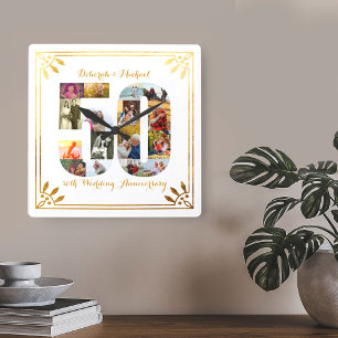 Relógio Quadrado Aniversário de 50 anos de Casamento Foto Art Déco