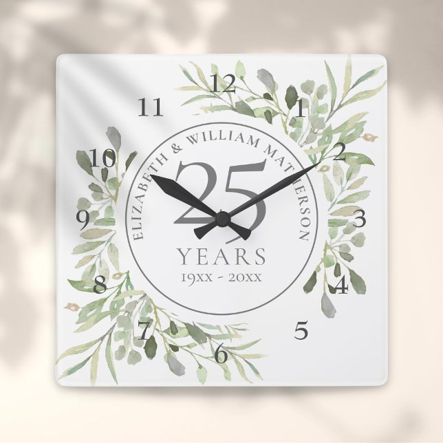 Relógio Quadrado Aniversário de Casamento com 25 de Molho (Soft Watercolour Leaves 25th Wedding Anniversary Square Wall Clock)