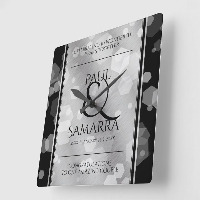 Relógio Quadrado Aniversário de Casamento de 10 Tin do Elegante (Ângulo)