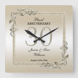 Relógio Quadrado Aniversário de Casamento de 30 Pearl Gem & Glitter