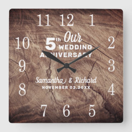 Relógio Quadrado Aniversário de Casamento de 5 de Madeira Rustic Pe