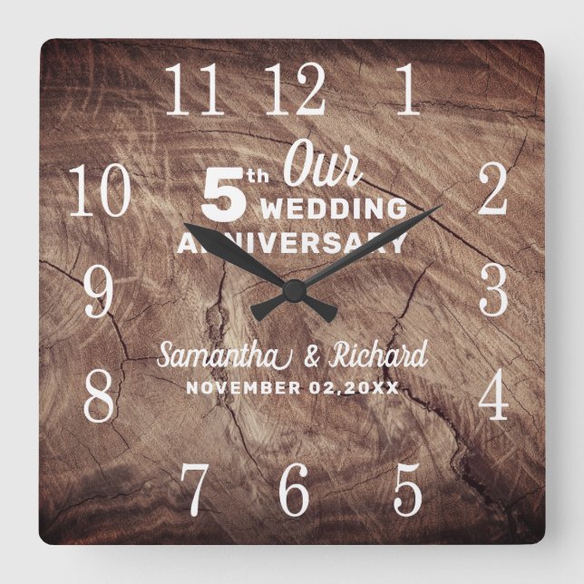 Relógio Quadrado Aniversário de Casamento de 5 de Madeira Rustic Pe (Frente)
