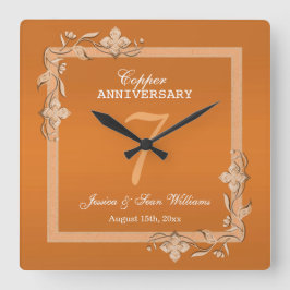 Relógio Quadrado Aniversário de Casamento de 7 de Cobre Gem & Glitt
