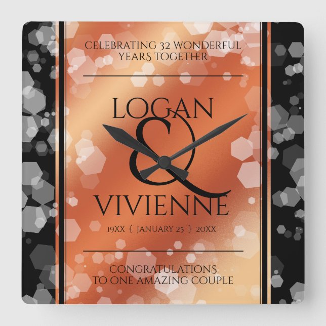 Relógio Quadrado Aniversário de Casamento de Bronze, 8° aniversário (Frente)