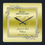 Relógio Quadrado Aniversário de Casamento do Ouro Dourado Gem & Gli<br><div class="desc">Glamorosa e elegante relógio de parede do aniversário de casamento do Ouro 50º com joias de pedra dourada do na moda e decorações de canto e estrutura de borda brilhante colorida. Uma design romântica para sua celebração. Todo texto, fonte e cor da fonte são totalmente personalizáveis para atender às suas...</div>