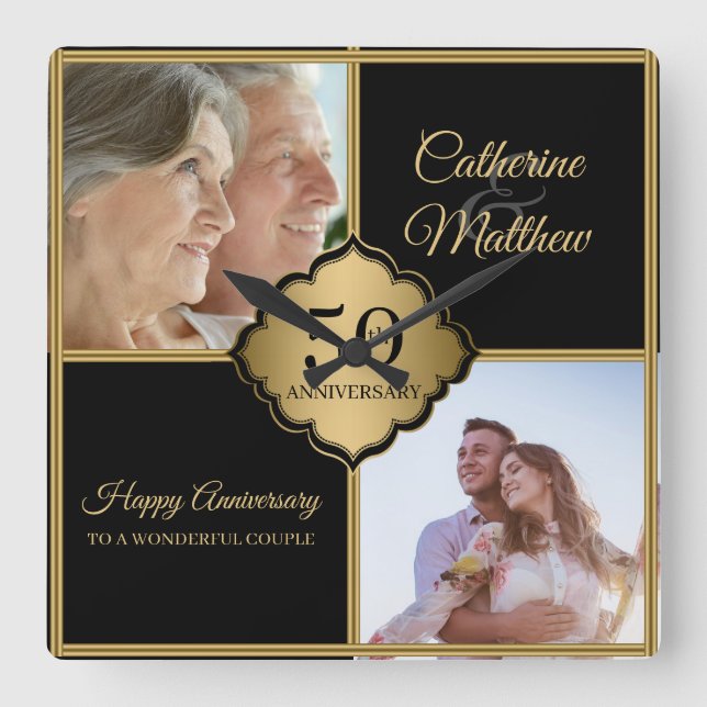 Relógio Quadrado Aniversário de Fotografias Personalizado (Frente)