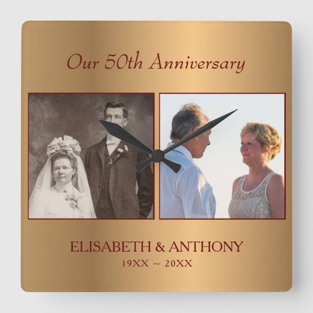 Relógio Quadrado Aniversário Dourado de Fotografias Personalizado (Frente)