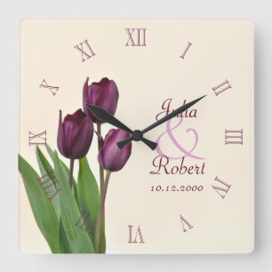 Relógio Quadrado Aniversário roxo das tulipas