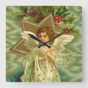 Relógio Quadrado Anjo de Natal Vitoriano com Estrela Dourada Vintag