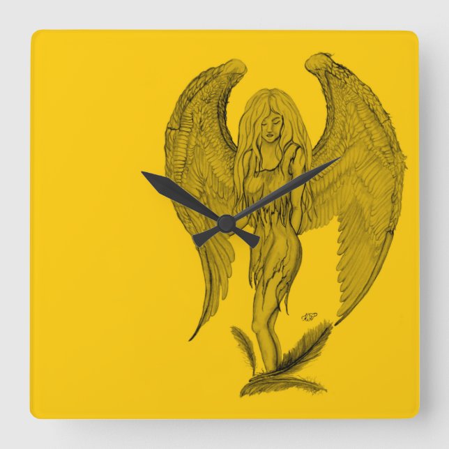 Relógio Quadrado Anjo - design preto e amarelo (Frente)