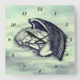 Relógio Quadrado Anjo dormindo no céu nuvens em verde